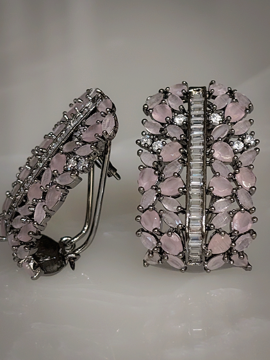 Pear shaped coloured stones and AD studded black finish earrings