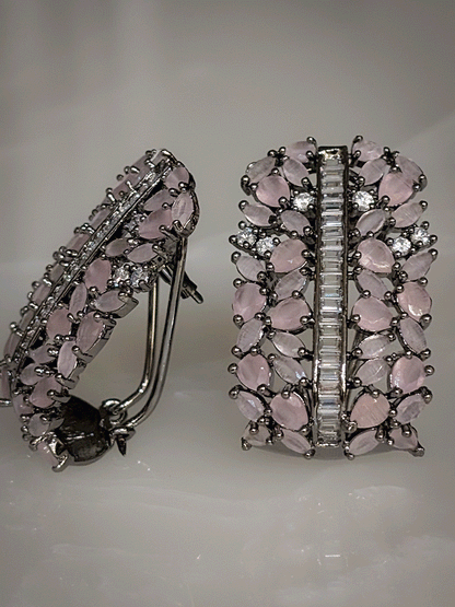 Pear shaped coloured stones and AD studded black finish earrings