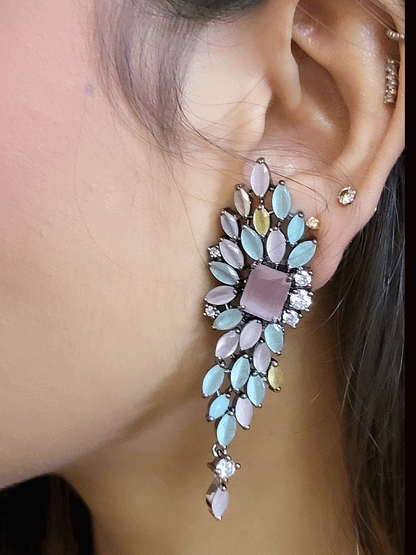 6.5cm long marquise coloured stones leaf shaped earrings