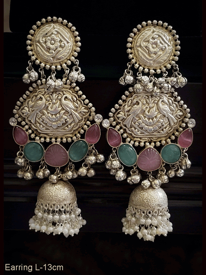 Peacock engraved german silver metal 13cm long earring with pink and aqua stones and jhoomki hanging(weight-35gm single earring)