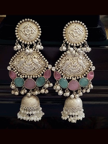 Peacock engraved german silver metal 13cm long earring with pink and aqua stones and jhoomki hanging(weight-35gm single earring)