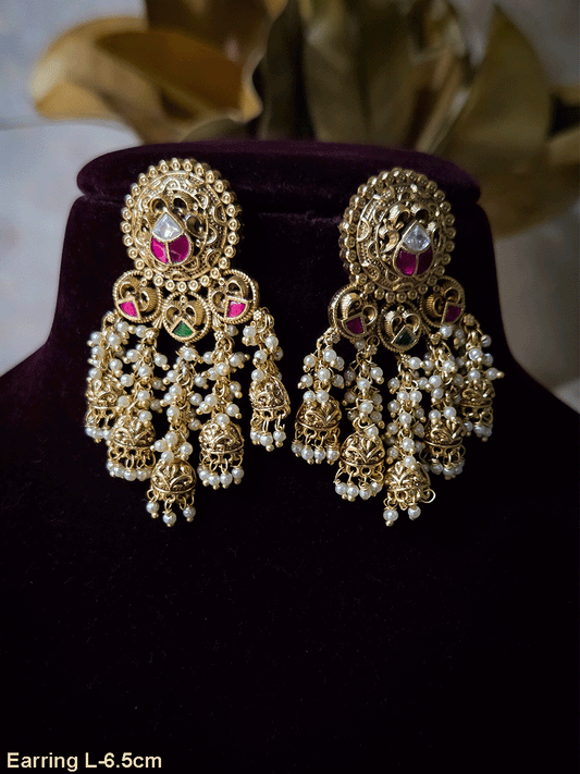 Circular top with paachi kundan work five jhoomki hanging tassels earrings
