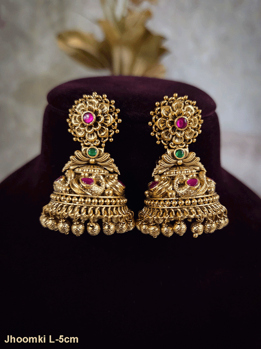 Ruby stone flower top with ruby stones in peacock design domb jhoomki