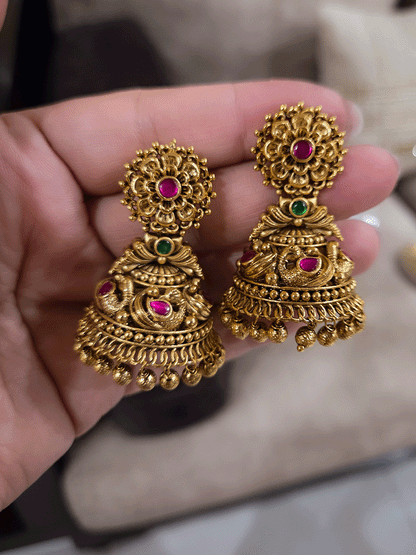 Ruby stone flower top with ruby stones in peacock design domb jhoomki