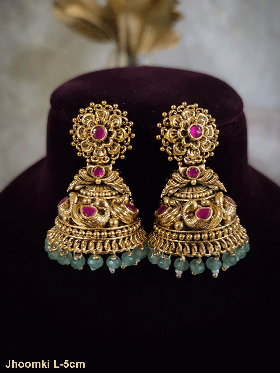 Ruby stone flower top with ruby stones in peacock design domb jhoomki