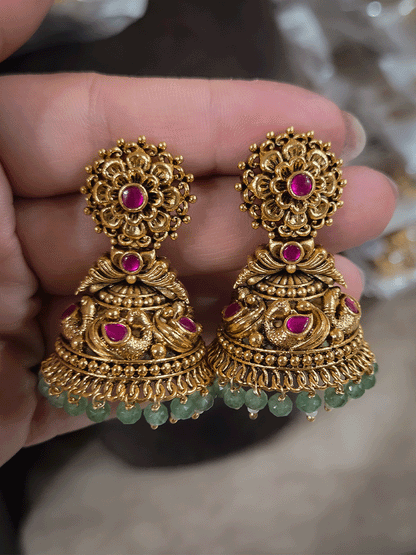 Ruby stone flower top with ruby stones in peacock design domb jhoomki