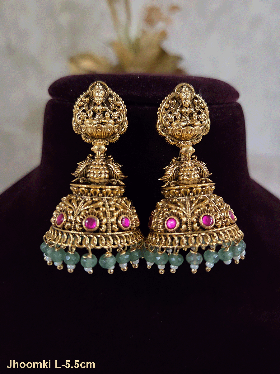 Laxmiji motif top with peacock in between flower design domb jhoomki