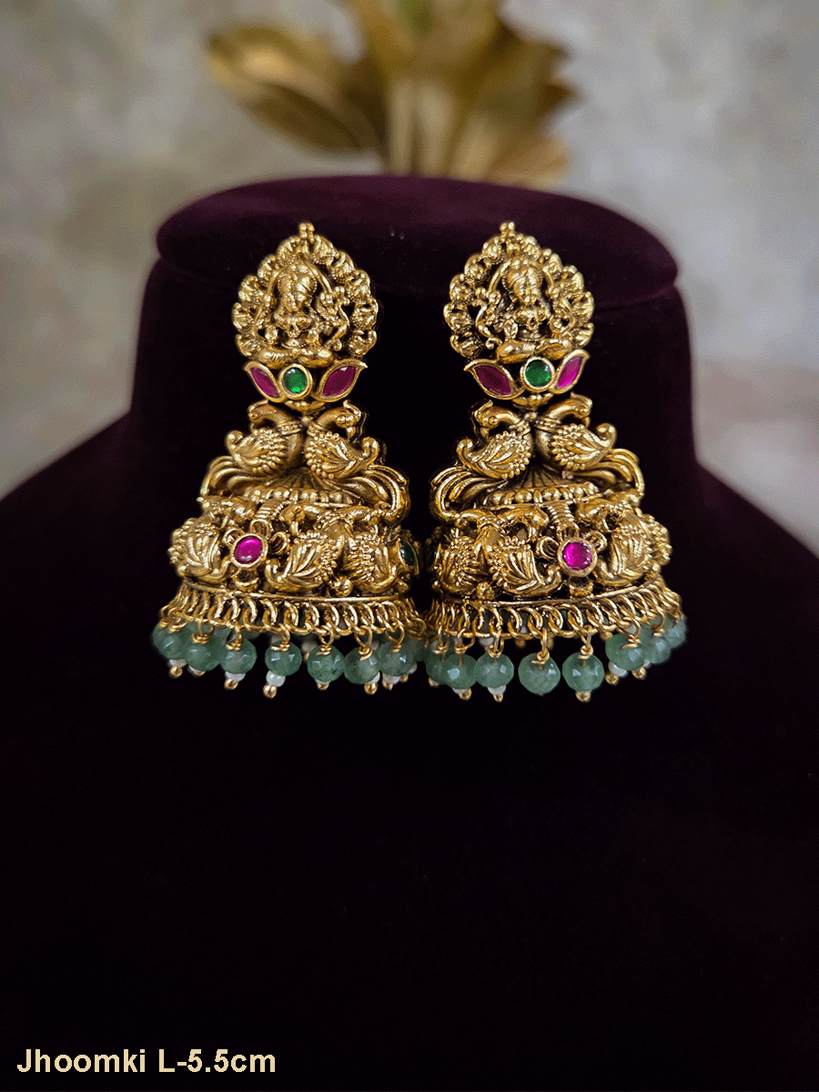 Laxmiji on flower top with peacock in center and peacock domb design jhoomki