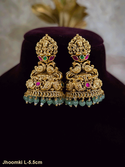 Laxmiji on flower top with peacock in center and peacock domb design jhoomki