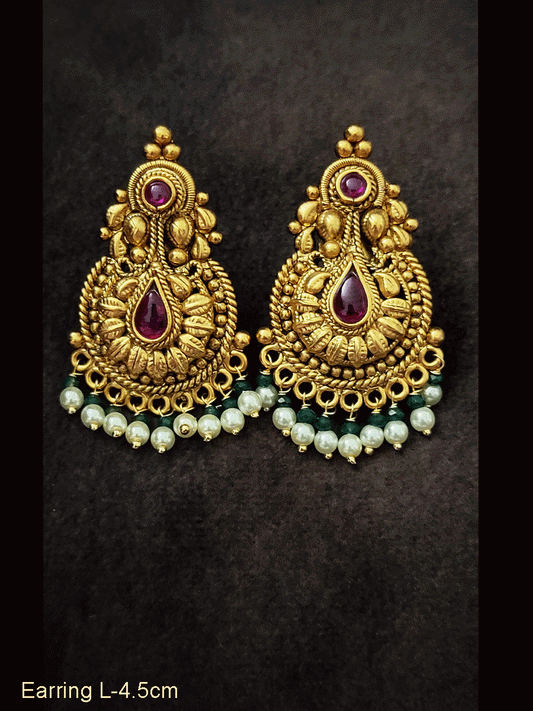 Tear drop ruby stone traditional design earring with green and white bead drops