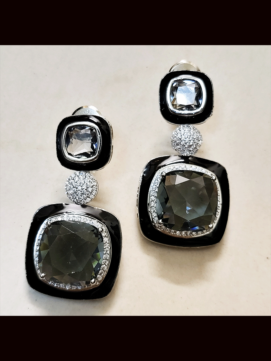 Silver finish black enamel square stone earrings with zircon studded center peice