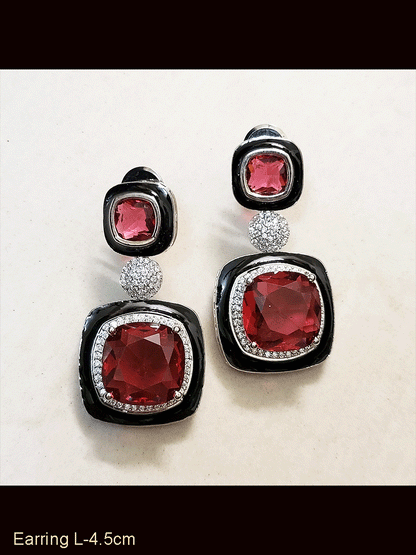 Silver finish black enamel square stone earrings with zircon studded center peice