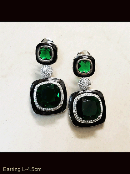Silver finish black enamel square stone earrings with zircon studded center peice