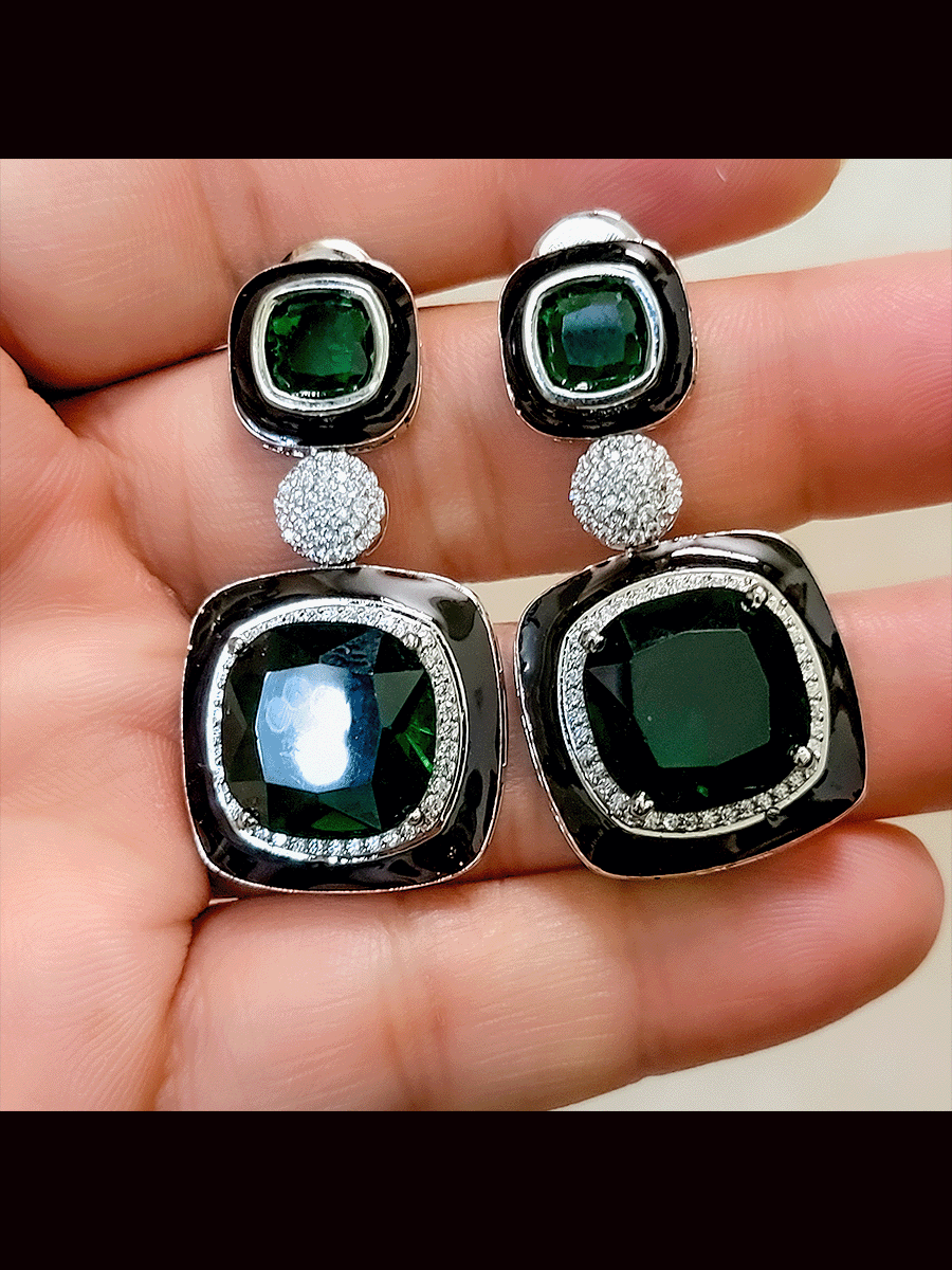 Silver finish black enamel square stone earrings with zircon studded center peice