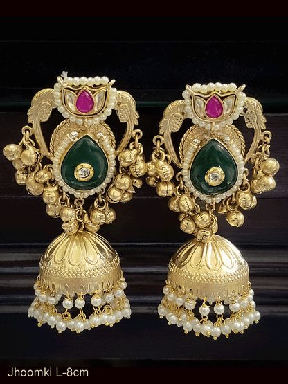 Paachi kundan flower top with peacock sides tear drop stone jhoomkies with ghunghru hangings