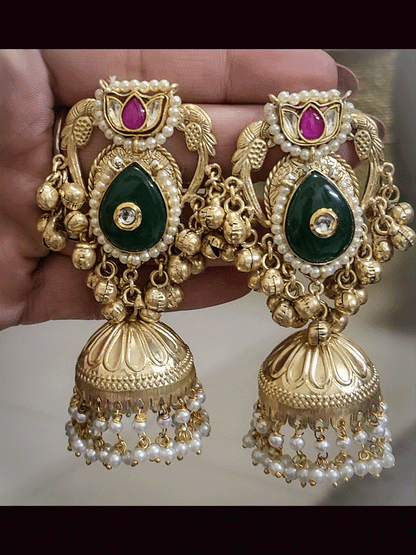 Paachi kundan flower top with peacock sides tear drop stone jhoomkies with ghunghru hangings