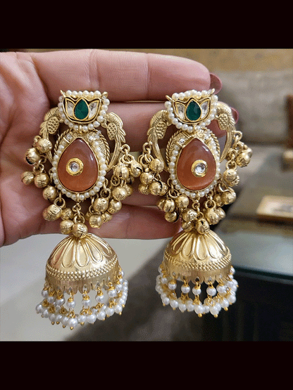 Paachi kundan flower top with peacock sides tear drop stone jhoomkies with ghunghru hangings