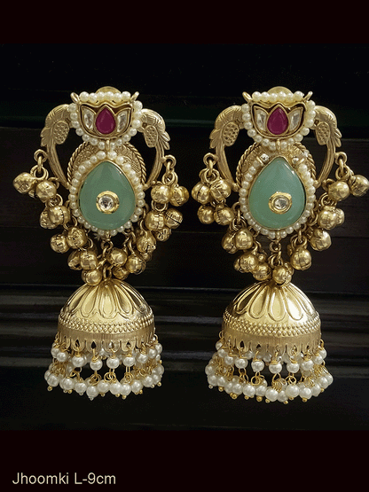 Paachi kundan flower top with peacock sides tear drop stone jhoomkies with ghunghru hangings
