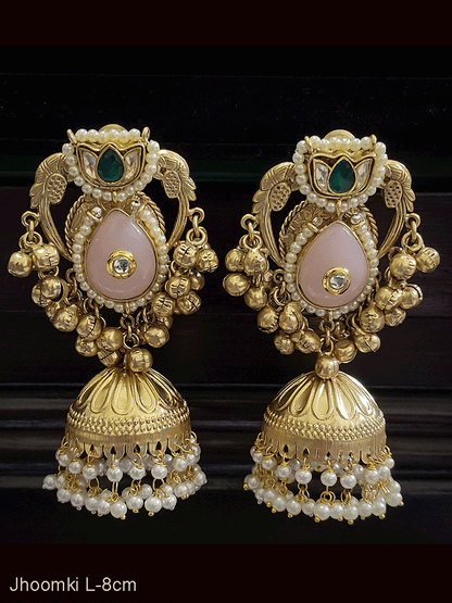 Paachi kundan flower top with peacock sides tear drop stone jhoomkies with ghunghru hangings