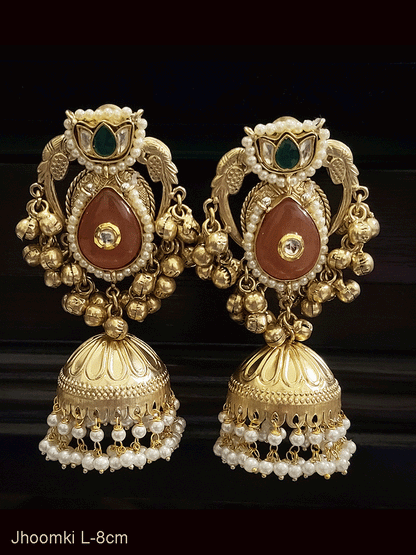 Paachi kundan flower top with peacock sides tear drop stone jhoomkies with ghunghru hangings