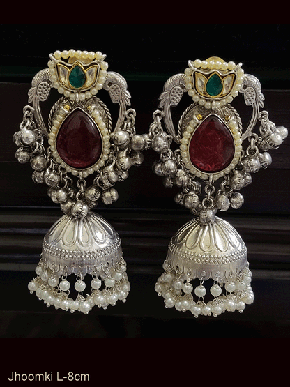 Paachi kundan flower top with peacock sides tear drop stone jhoomkies with ghunghru hangings