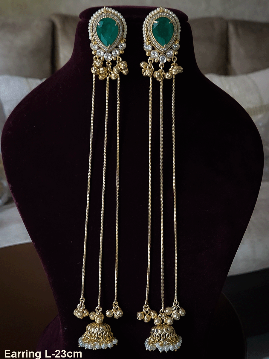 Tear drop stone with pearl pirohi and kundan studded three long chain tassels with jhoomki earrings(23cm)