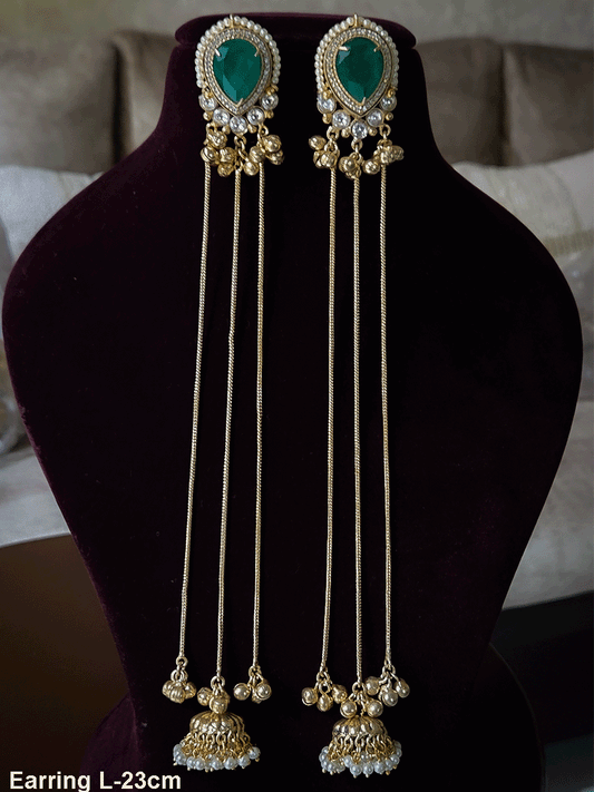 Tear drop stone with pearl pirohi and kundan studded three long chain tassels with jhoomki earrings(23cm)