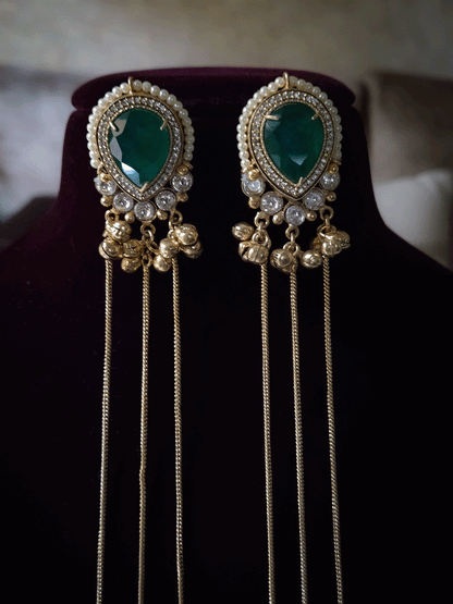 Tear drop stone with pearl pirohi and kundan studded three long chain tassels with jhoomki earrings(23cm)
