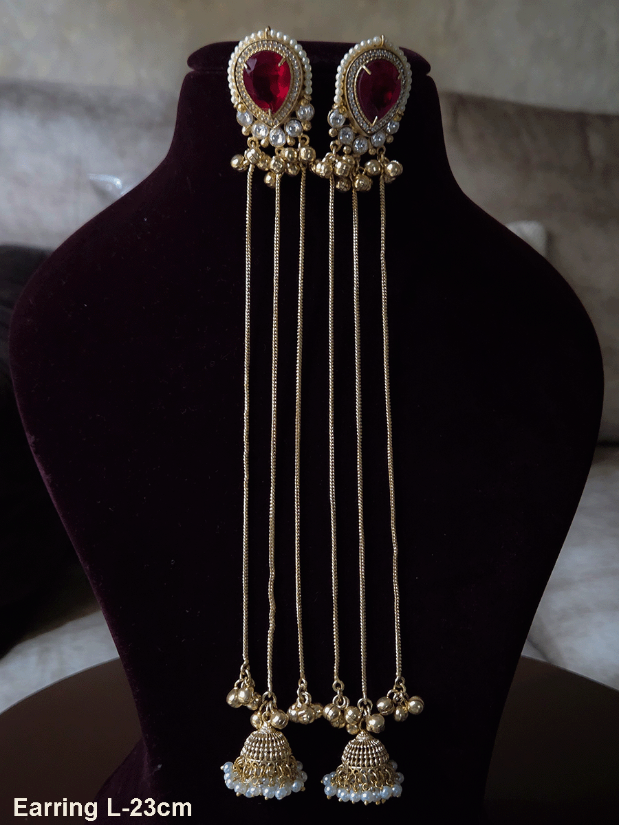 Tear drop stone with pearl pirohi and kundan studded three long chain tassels with jhoomki earrings(23cm)