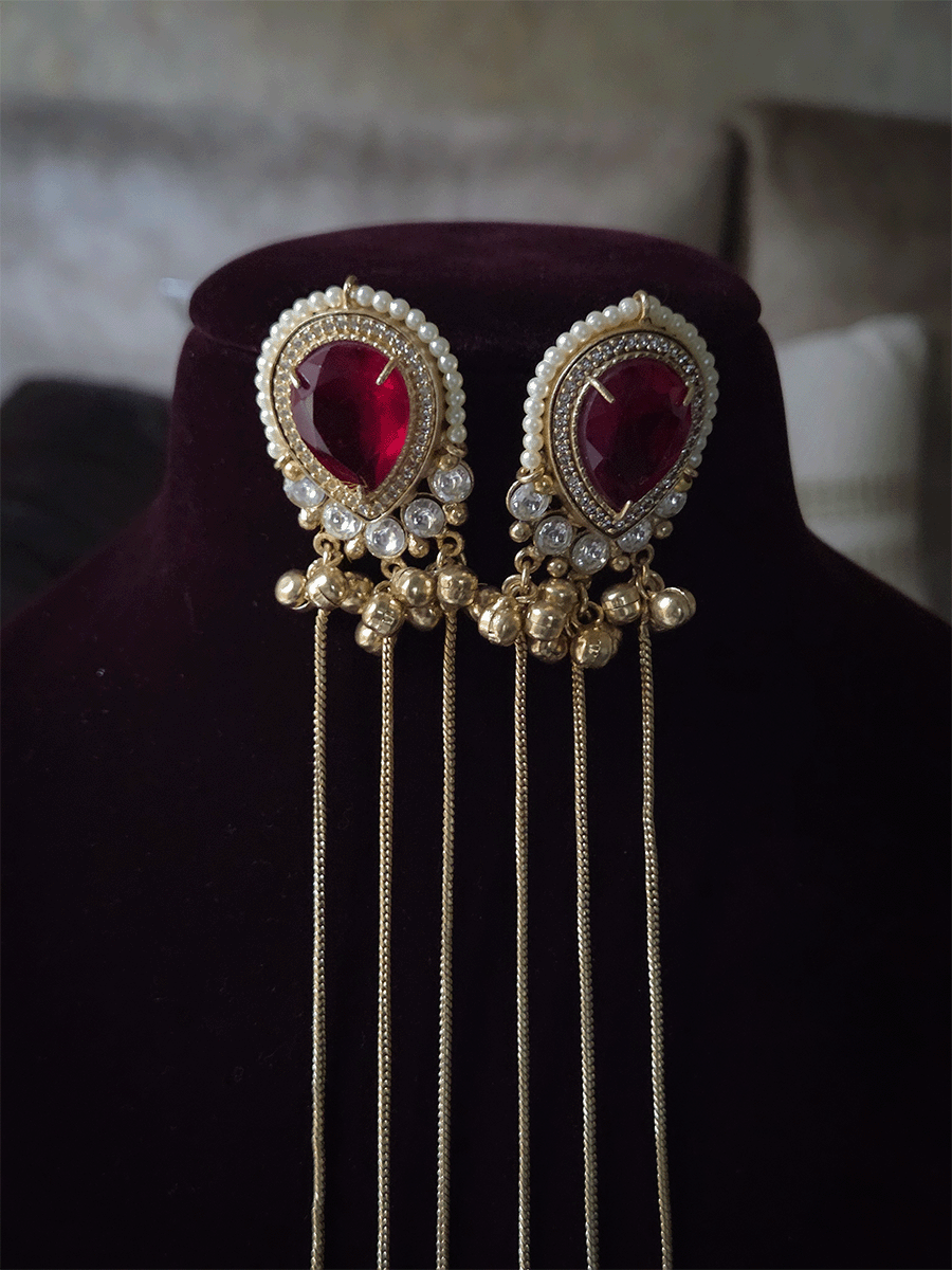 Tear drop stone with pearl pirohi and kundan studded three long chain tassels with jhoomki earrings(23cm)