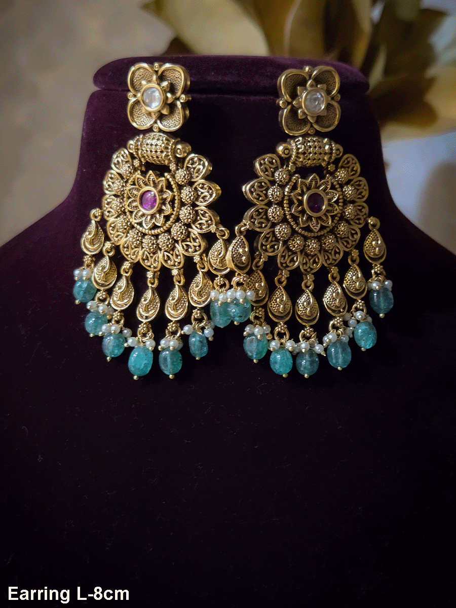 Flower design earrings with flower top and leaf tassels