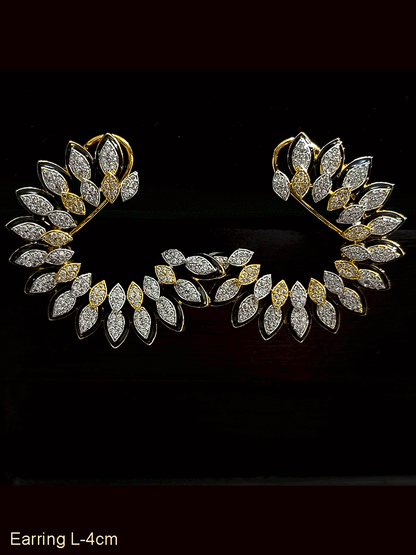 Black enamel leaf design zircon studded half moon shaped earrings