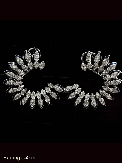 Black enamel leaf design zircon studded half moon shaped earrings