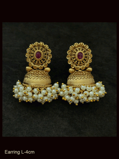 Flower top half jhoomki pearly cluster bottom earrings