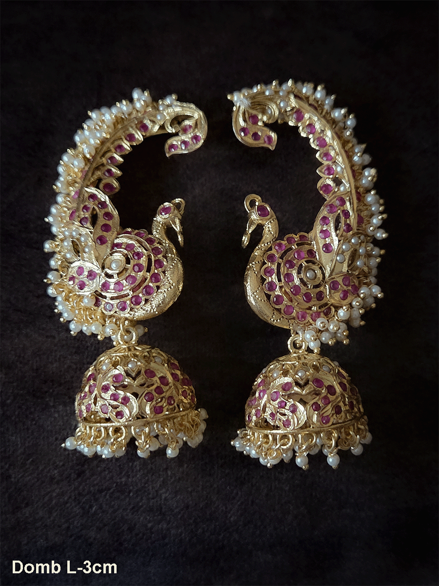 Peacock design jadau karnphool(earcuff) with white bead cluster lace