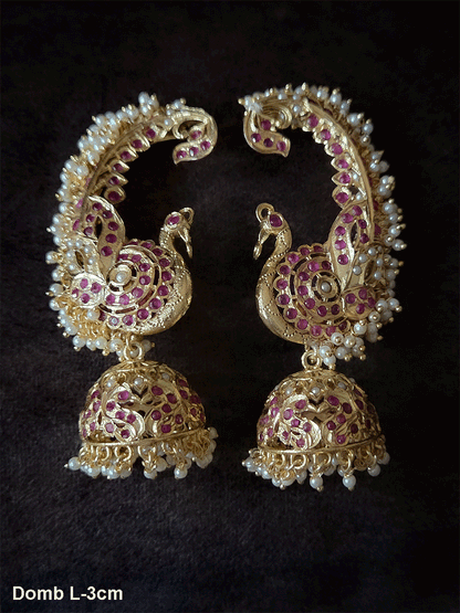 Peacock design jadau karnphool(earcuff) with white bead cluster lace