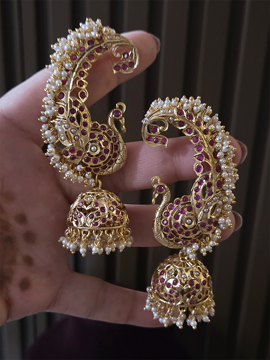 Peacock design jadau karnphool(earcuff) with white bead cluster lace