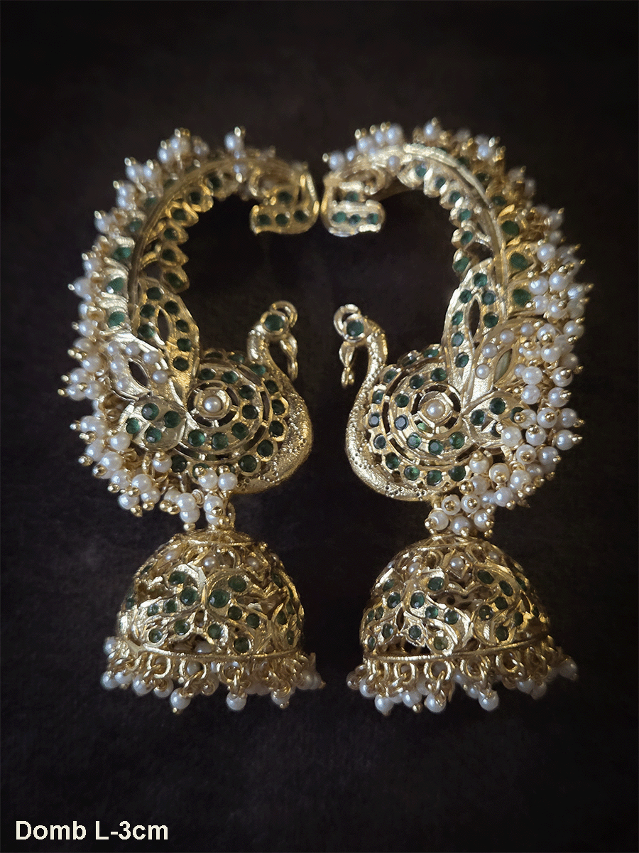 Peacock design jadau karnphool(earcuff) with white bead cluster lace