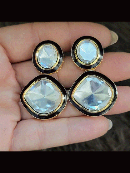 Black enamel uncut polki 4.5cm long earrings