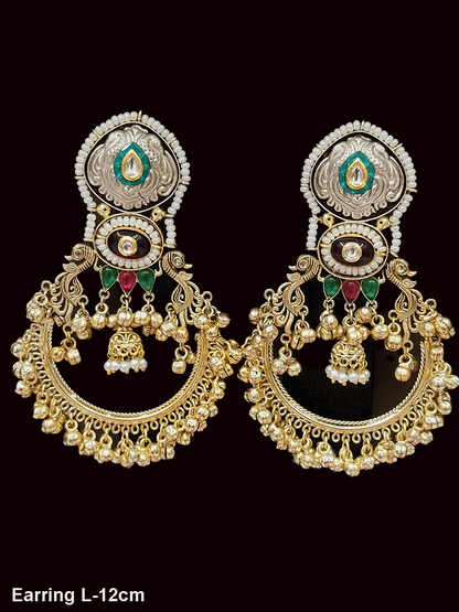 12cm long dual polish kundan and coloured stones pirohi work chandbali earrings