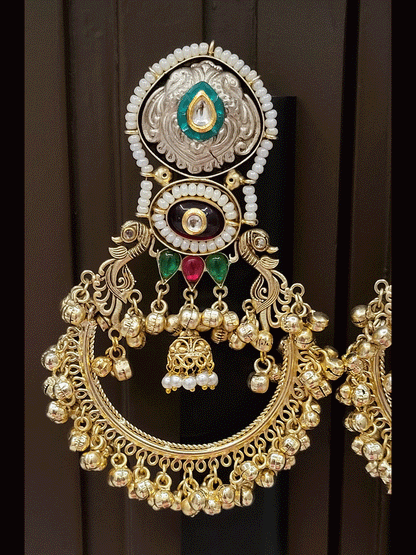12cm long dual polish kundan and coloured stones pirohi work chandbali earrings