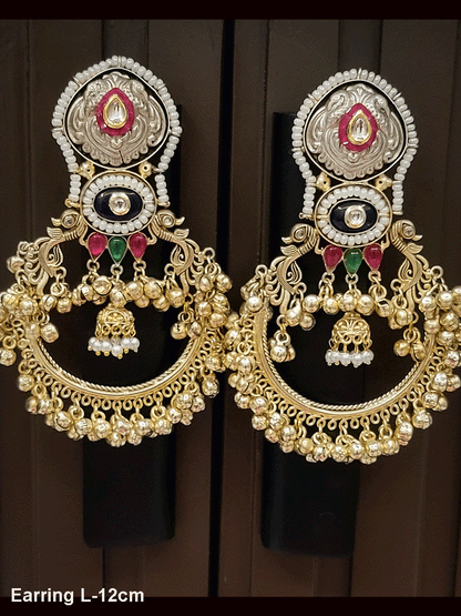 12cm long dual polish kundan and coloured stones pirohi work chandbali earrings