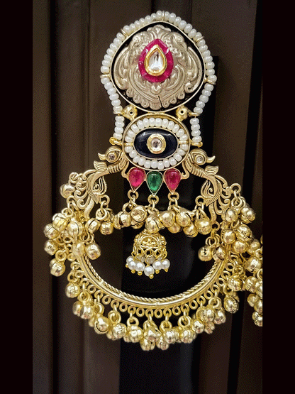 12cm long dual polish kundan and coloured stones pirohi work chandbali earrings