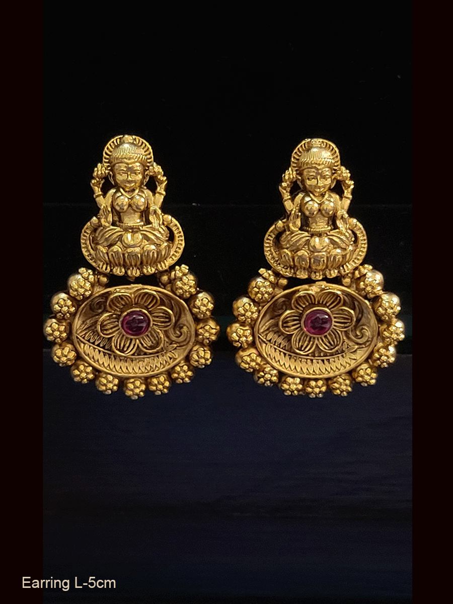 Laxmiji motif on top of oval flower design ruby stone earrings(L-5cm)