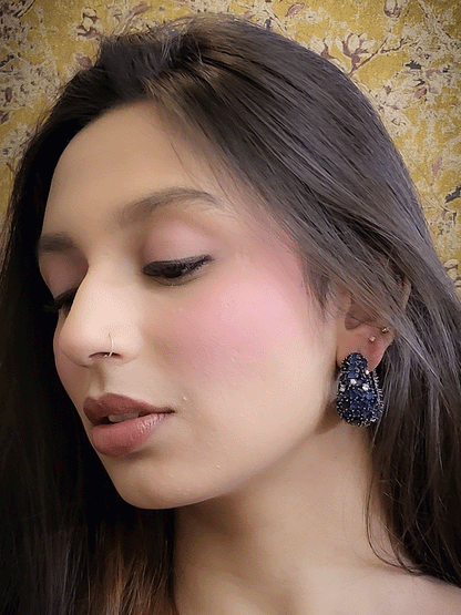 Round bold 3cm diameter marquise stones studded black finish loops