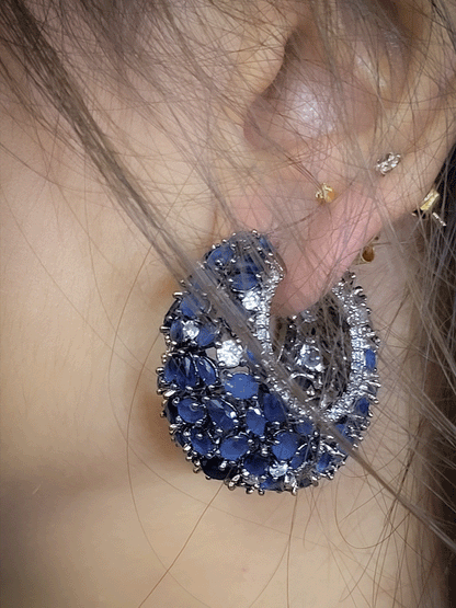 Round bold 3cm diameter marquise stones studded black finish loops