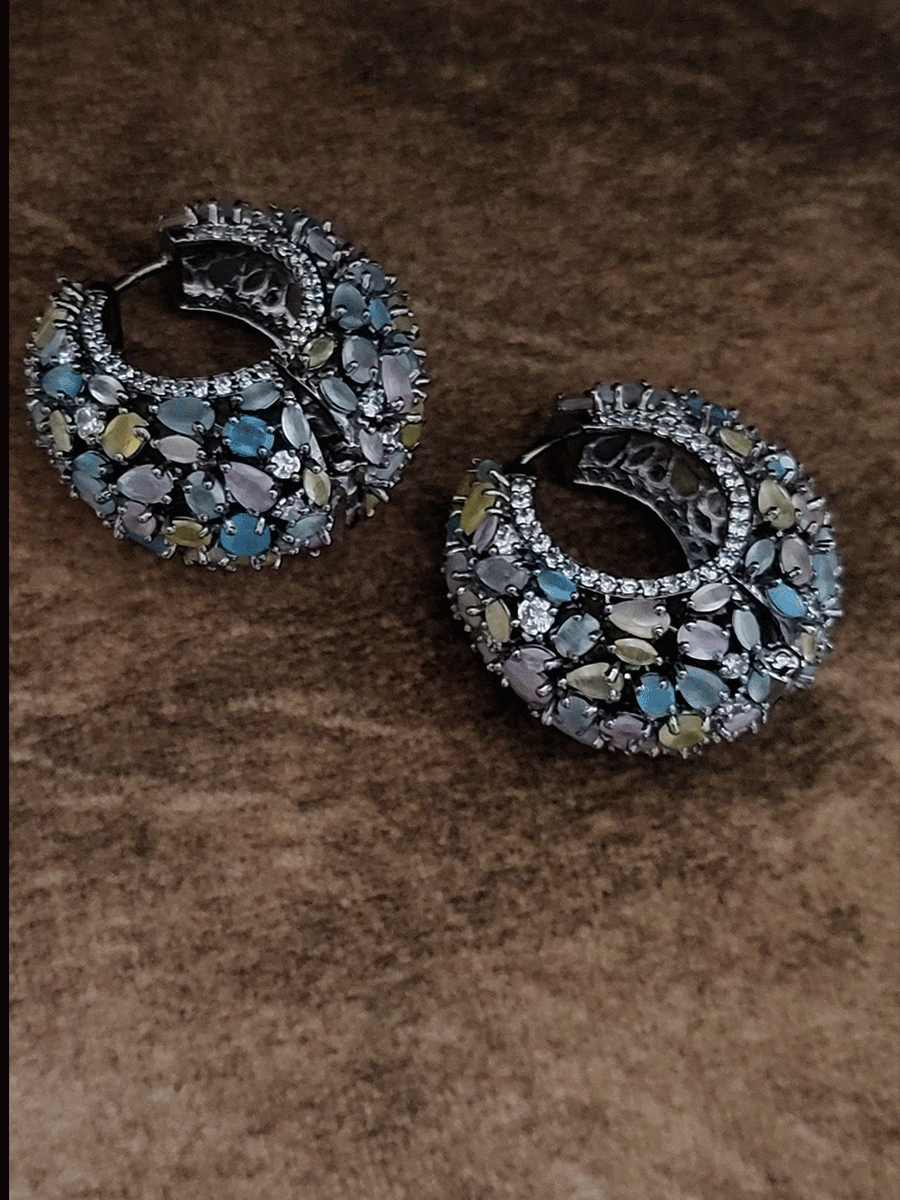 Round bold 3cm diameter marquise stones studded black finish loops