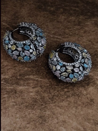 Round bold 3cm diameter marquise stones studded black finish loops