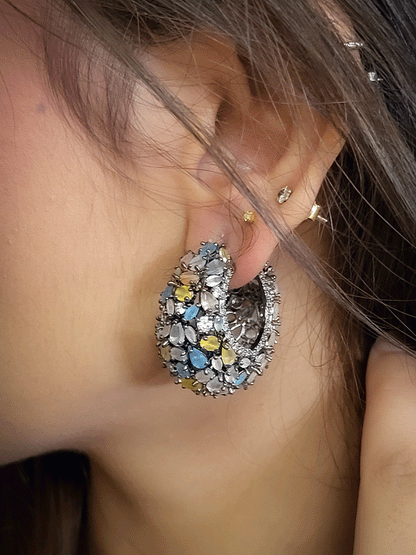 Round bold 3cm diameter marquise stones studded black finish loops