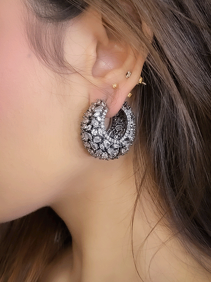 Round bold 3cm diameter marquise stones studded black finish loops